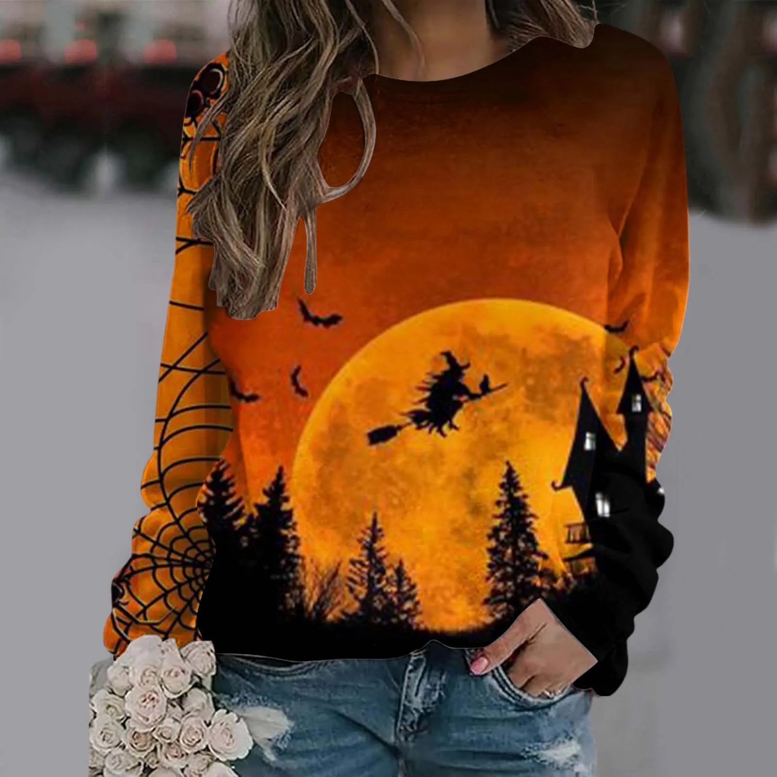 Sweat à capuche imprimé d'Halloween pour femme, col rond, manches longues, sweat à capuche décontracté mince, pull tendance, sweat-shirt assressenti, mode de vacances