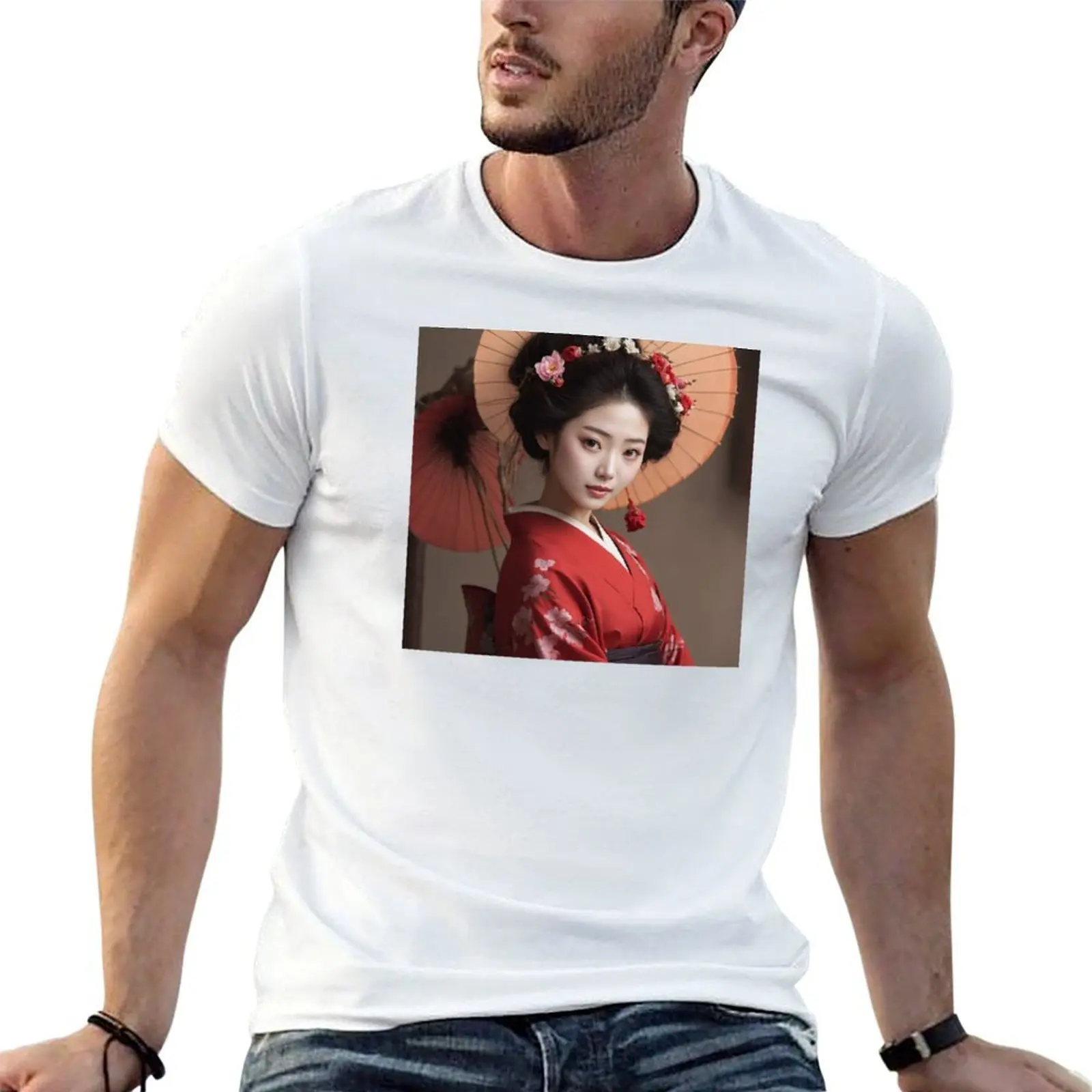 Smiling Geisha Blossom: Serenity in Bloom T-Shirt vintage clothes vintage workout shirts for men
