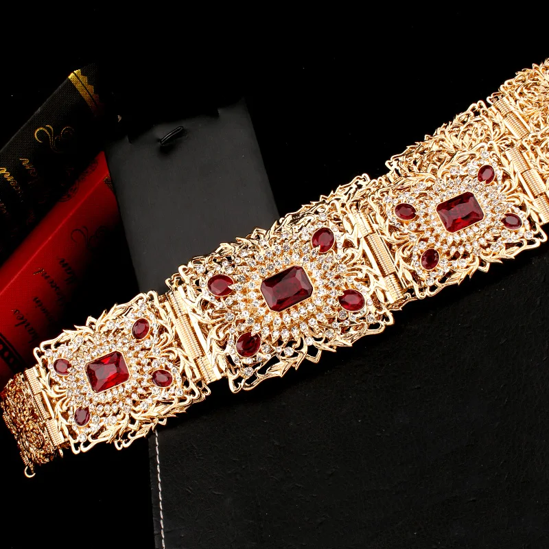 Marokko Traditionelle Hochzeit Gürtel mit Grün Rot Strass Gold Plating Braut Schmuck Ethnische Frauen Bijoux Luxus Braut Geschenk