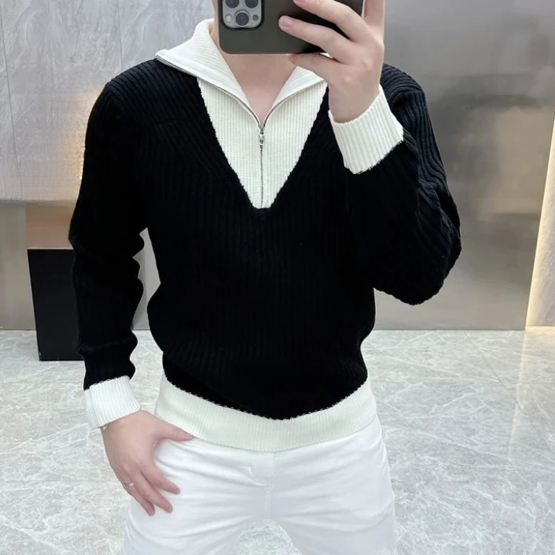 Men's Autumn Winter Korean Style Half-Zip Polo Collar Knit Sweater, Slim Fit Black White Contrast Color Long Sleeve Pullover