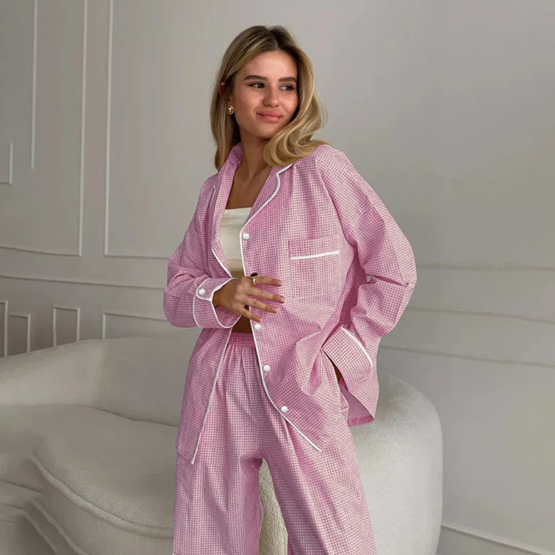 

Foreign Trade Long-sleeved Trousers Pajamas Set, European and American Autumn New Plaid Pajamas, Pure Cotton Loungewear Women's