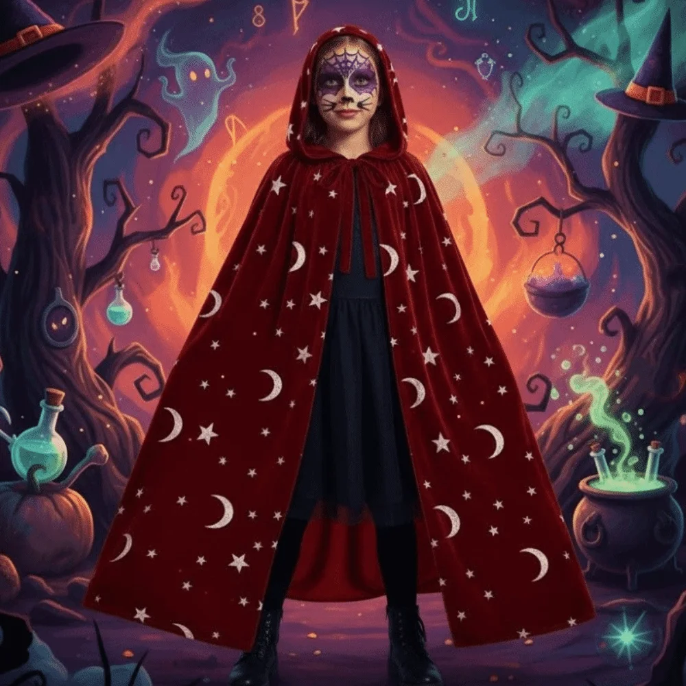 Tie Up Closure Velvet Hooded Cloak Foil Printed Flowy Drape Gothic Party Apparel Wrinkle Resistant with Hood Costume Robe