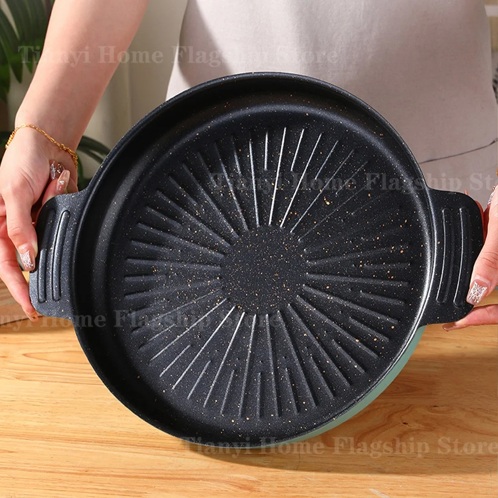 Grill Pan Round Non-Stick Barbecue Plate Korean Household BBQ Grill Outdoor Travel Camping Frying Pan Wok Kitchen Accessories