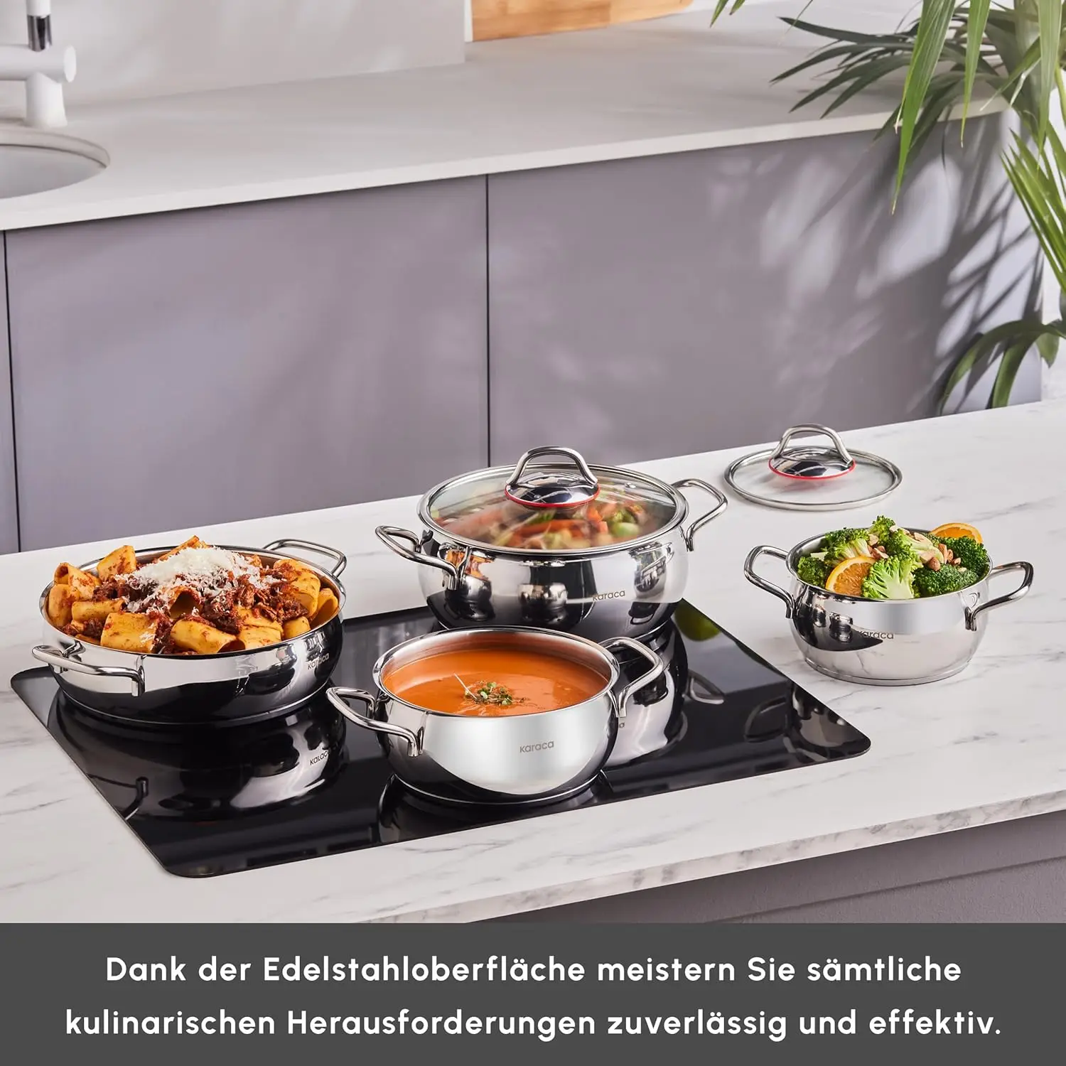 طقم أواني طهي مكون من 8 قطع مصنوع من طقم أواني فولاذية، طقم أواني طهي، أطقم أواني طهي، ستانلس ستيل، مناسب للحث مع غطاء زجاجي