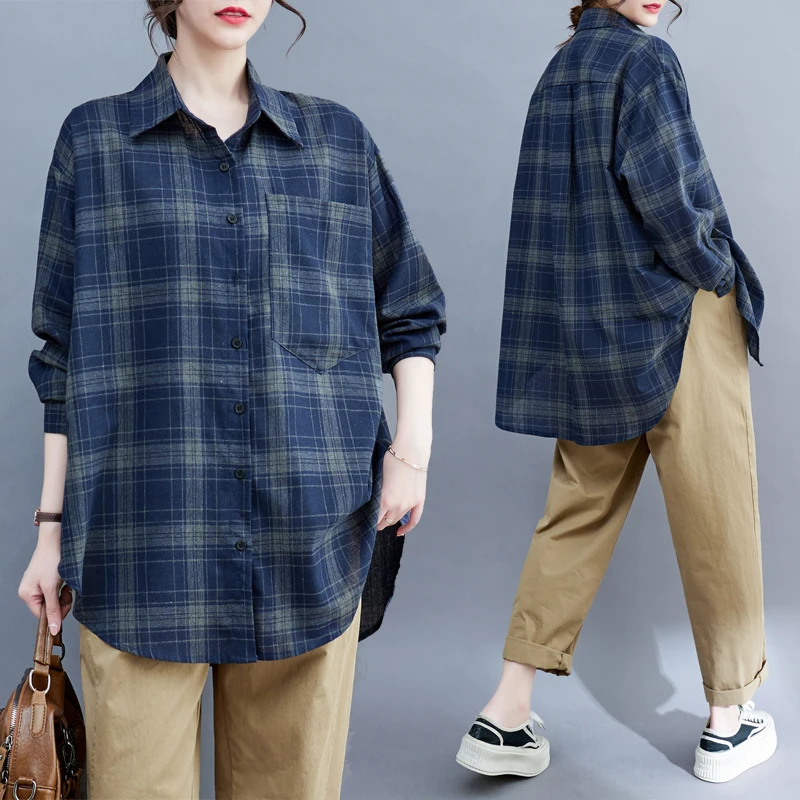 

Повседневный женский утягивающий кардиган средней длины из хлопка и льна в художественную клетку с длинным светом и воротником