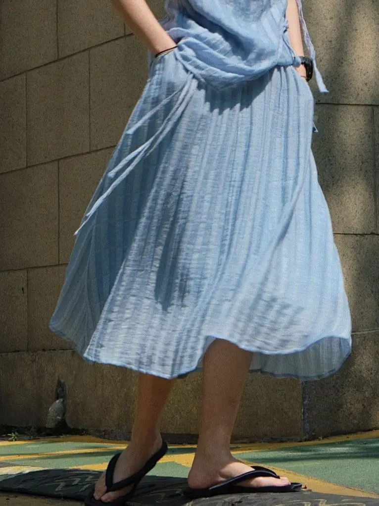 

Skirts for women summer new Korean version linen waist bandage skirt loose light long skirt light blue black jupe femme