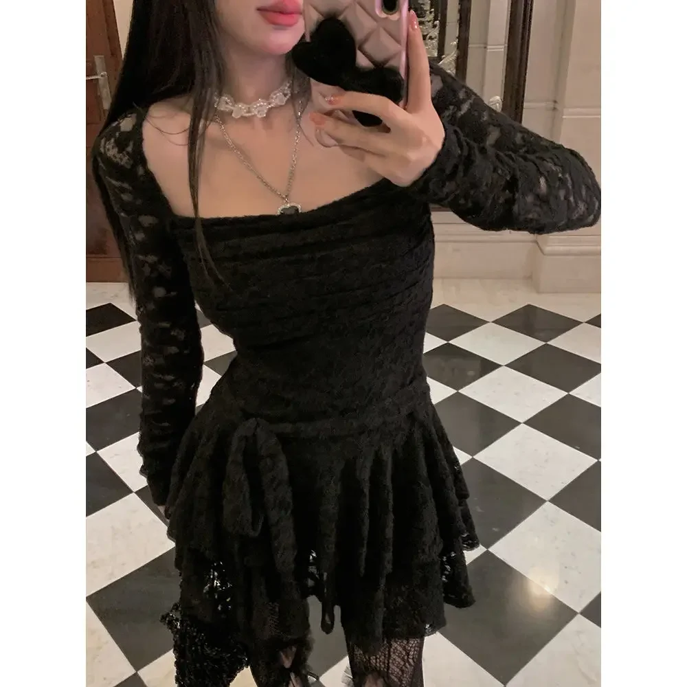 

Black Sexy Fashion Slim Dress Women Lace Vintage Designer Party Mini Dress Female Long Sleeve Korean Elegant Dress 2025 Autumn