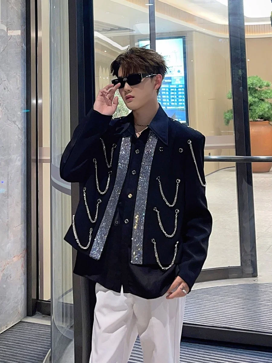 Black Short Suit Coat 2024 Autumn Clothes Men's Fashion Rhinestone Metal Chain Loose Long Sleeve Handsome Loose Jackets Tops