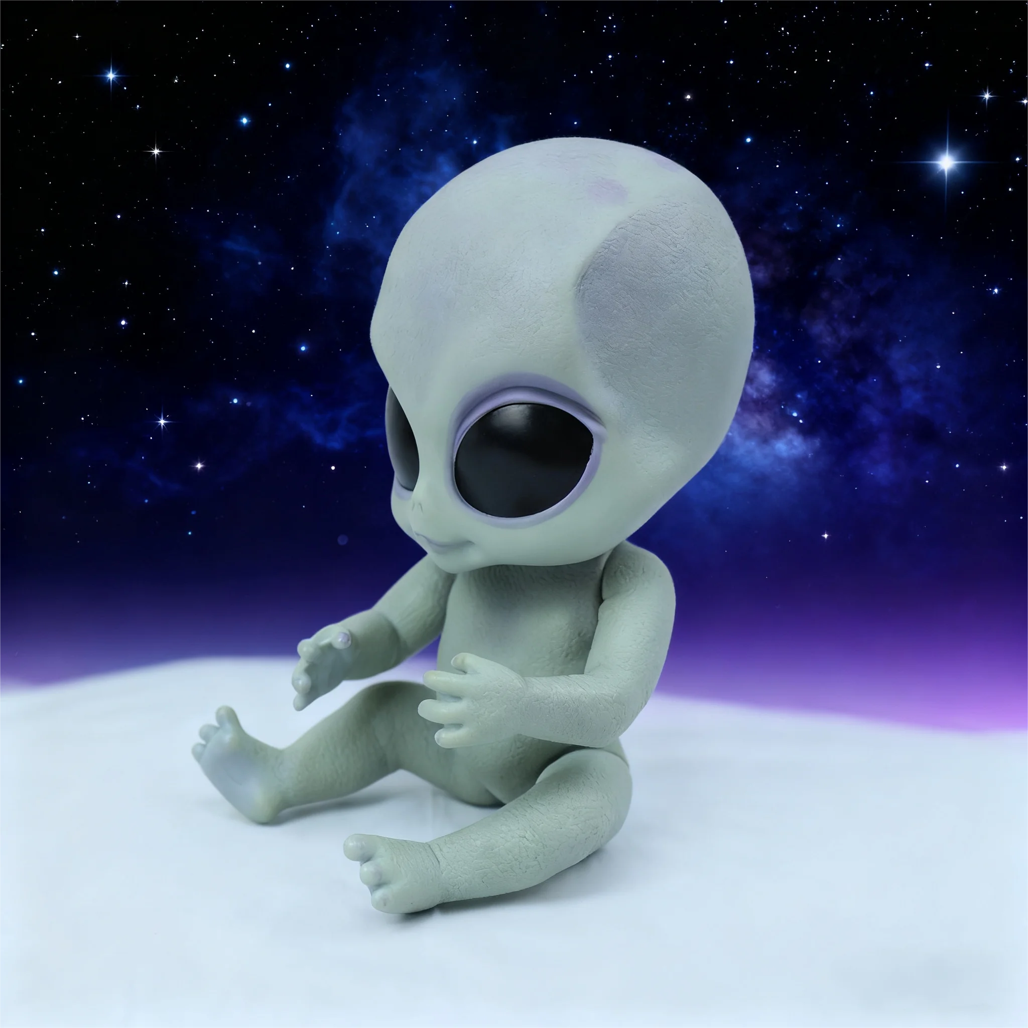 14 polegadas reborn poseable vinil duro alienígena estatueta boneca prata vinil duro colecionável com estilo filme detalhando olhos grandes