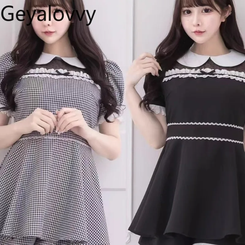 Estate giapponese nuova bambola colletto top pizzo ricamato dimagrante bolla abito a maniche corte + gonna corta inferiore set a due pezzi