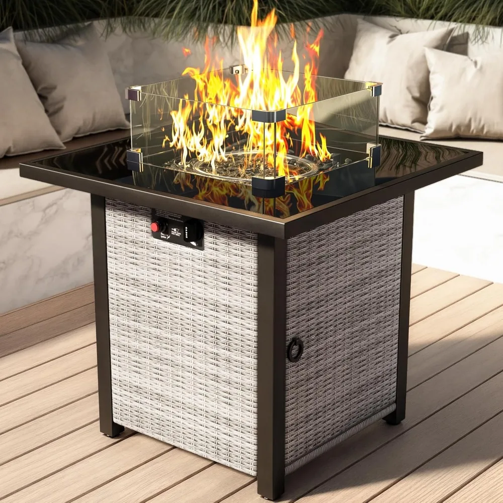 

Outdoor Fire Pit Table, 28 Rattan Square Fire Pit Table, Outdoor Gas FirePit With Glass Wind Guard, Tempered Glass Table