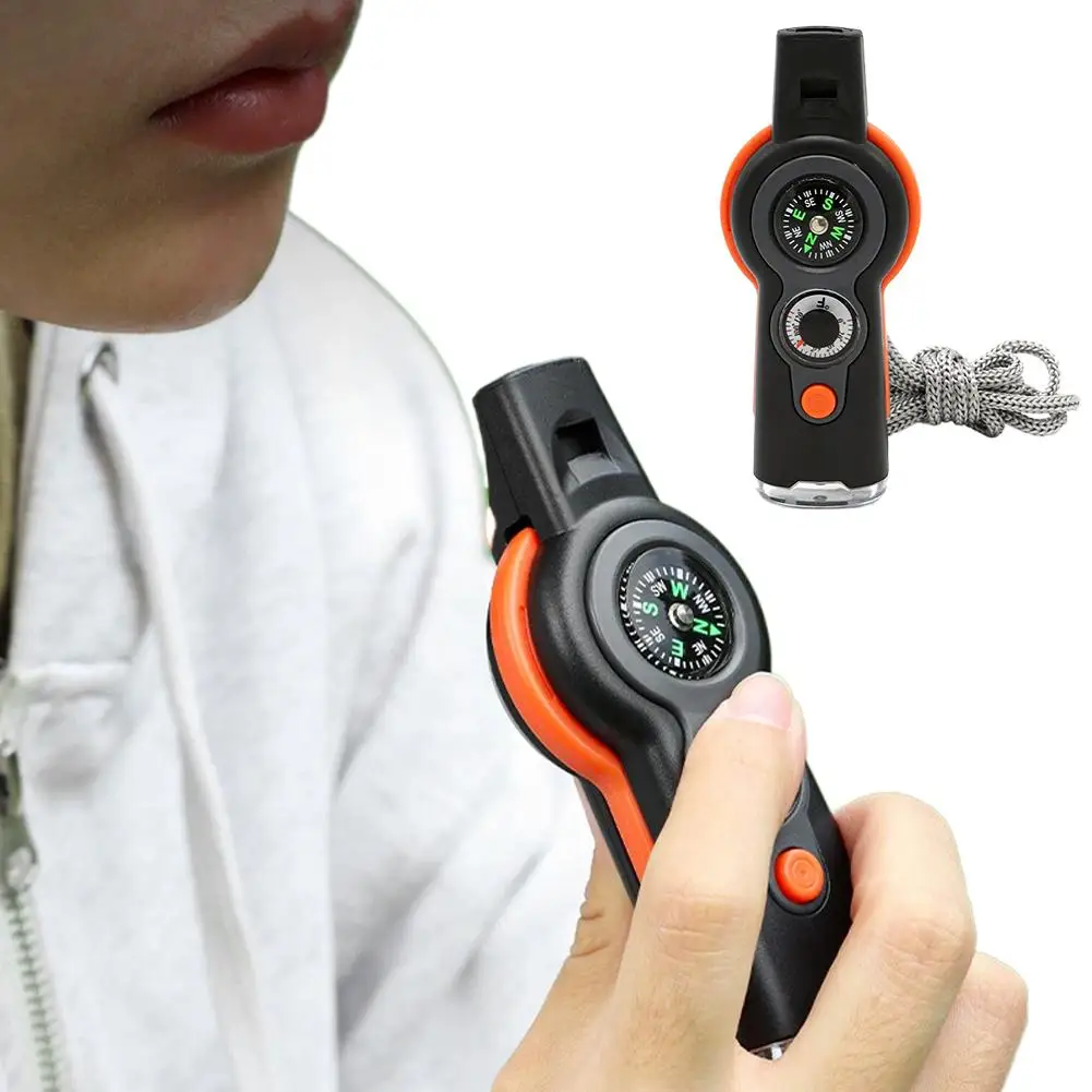 Outdoor Multifunctional 7-in-1 Whistle Survival Whistle Life-Saving Whistle With LED Light Thermometer Compass Travel Accessorie