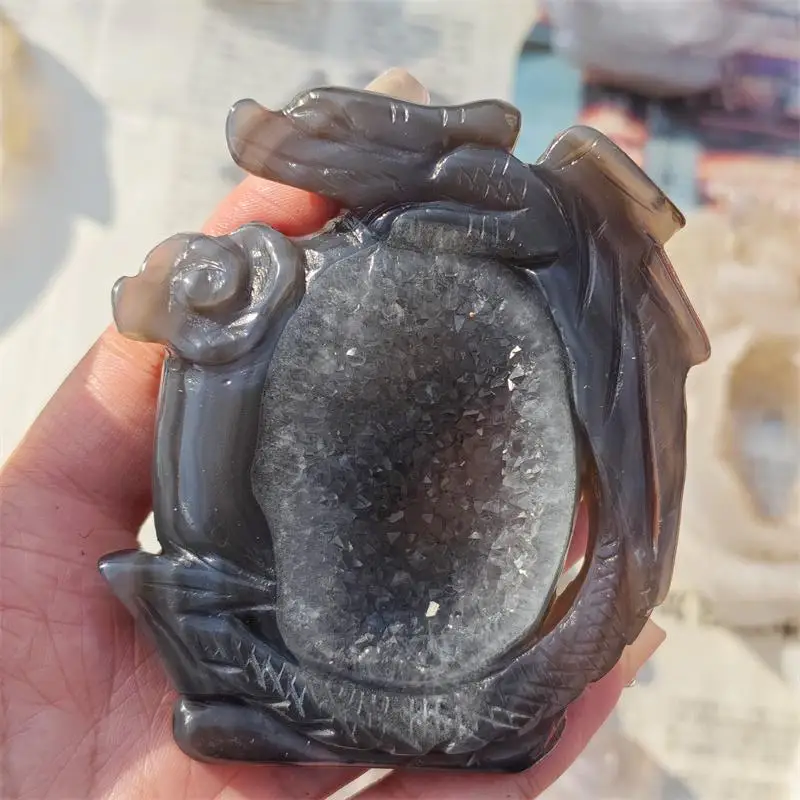 Natural Agate Geode Dragon Carving Energy Stone Crafts Small Decoration Home Decor Holiday Gift 1pcs