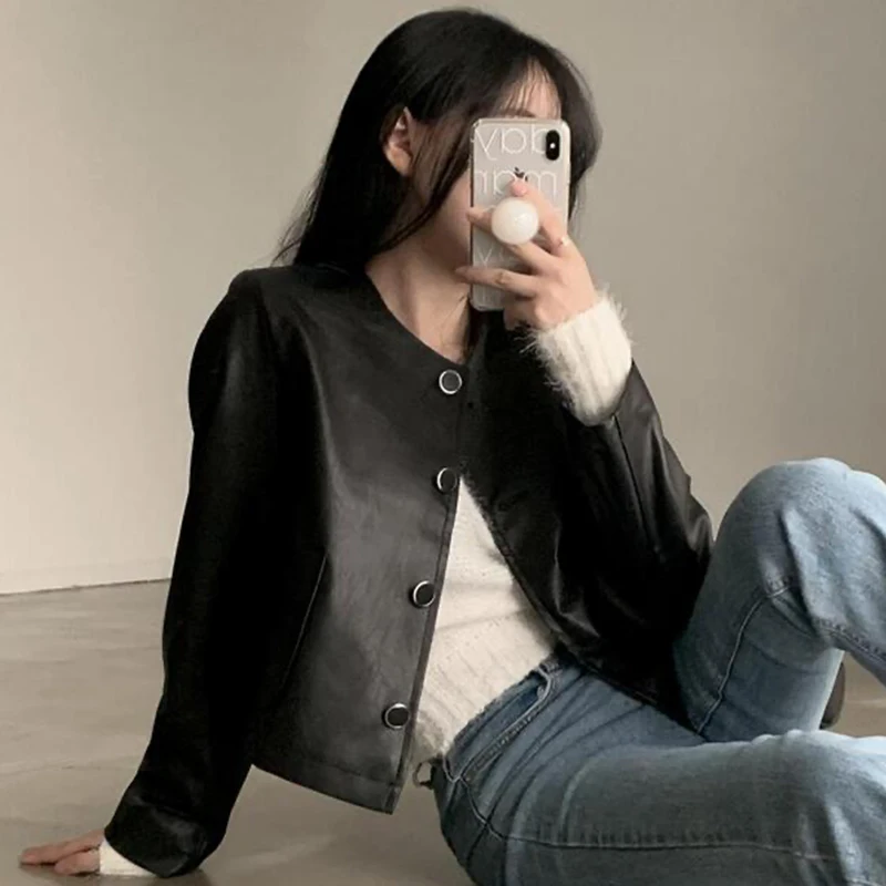 Chaqueta de motocicta de cuero PU de manga larga con cuello redondo Vintage e, ropa de abrigo informal versátil par...