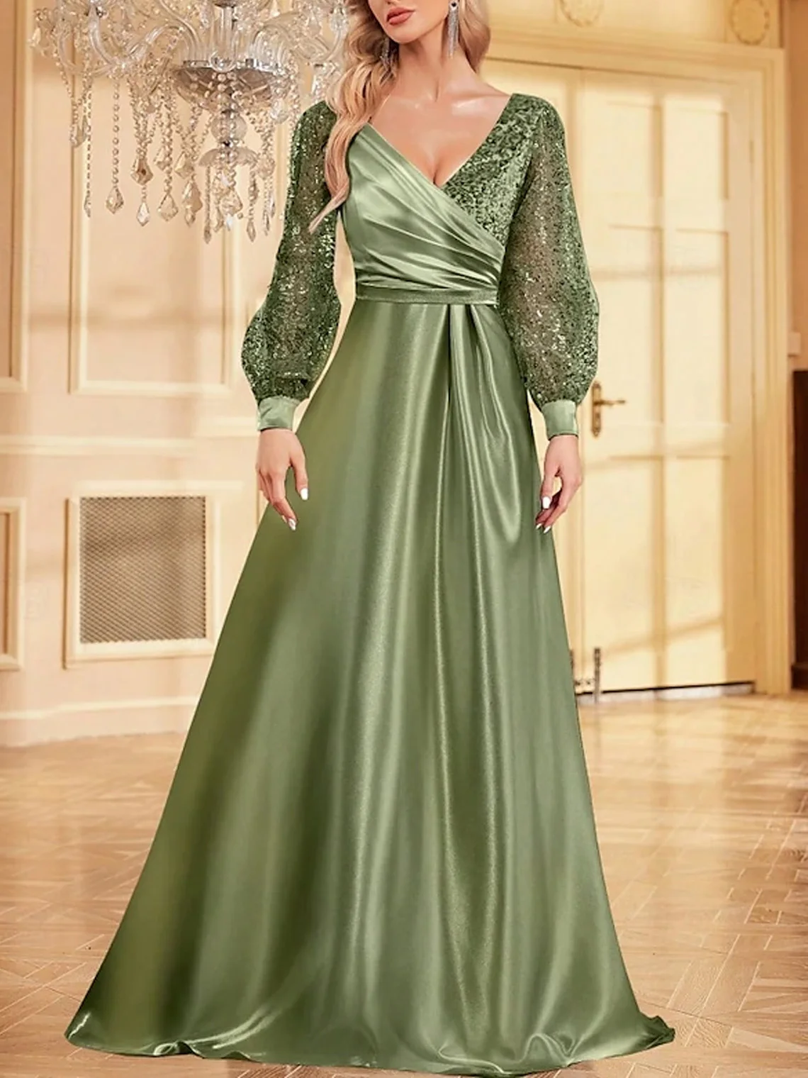 

Elegant A-Line Satin Prom Dress V Neck Floor Length Long Sleeves Sequin Sparkle Shine Formal Evening Gown 2025 free customized