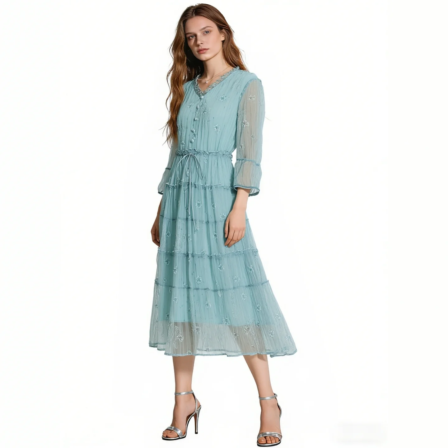 

2026 Spring Women Floral Embroidered Tiered Chiffon Midi Dress Ruffle V-Neck 3/4 Sleeve Tie Waist Casual Dresses Apricot & Mint