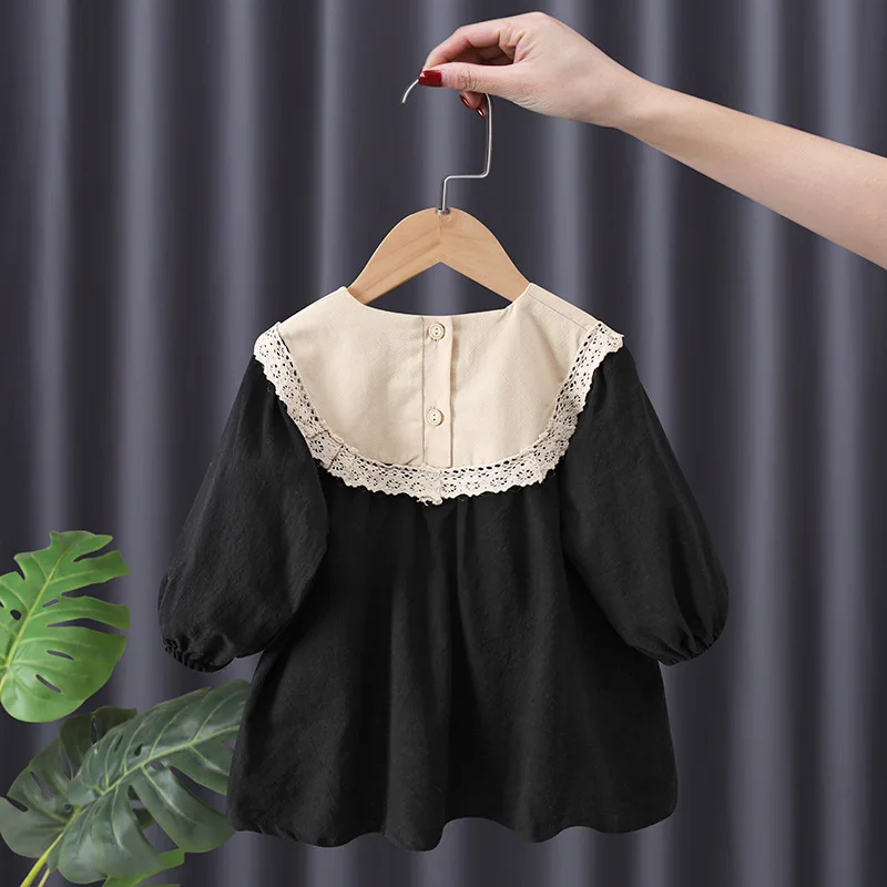 

Toddler Girls Dress Autumn New Embroidery Peter Pan Collar Baby Girls Dress Contrast Color Long Sleeves Kids Baby Girls Dress