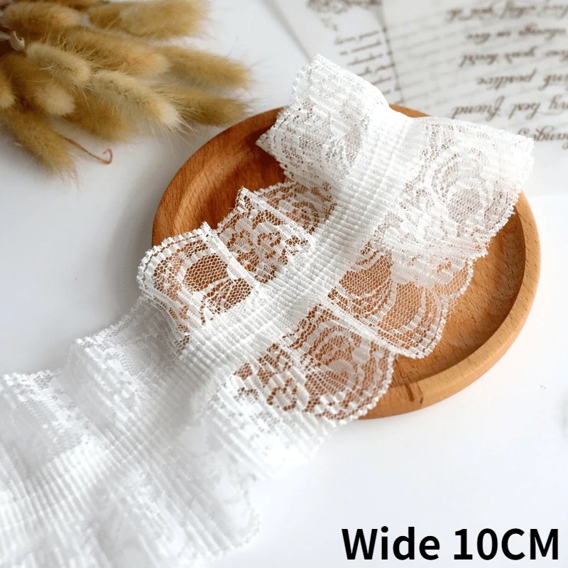 10CM Wide White Tulle Wed Fabirc Stretch Lace Needlework Fringe Ribbon Frills Collar Elastic Ruffle Trim For Sewing DIY Crafts