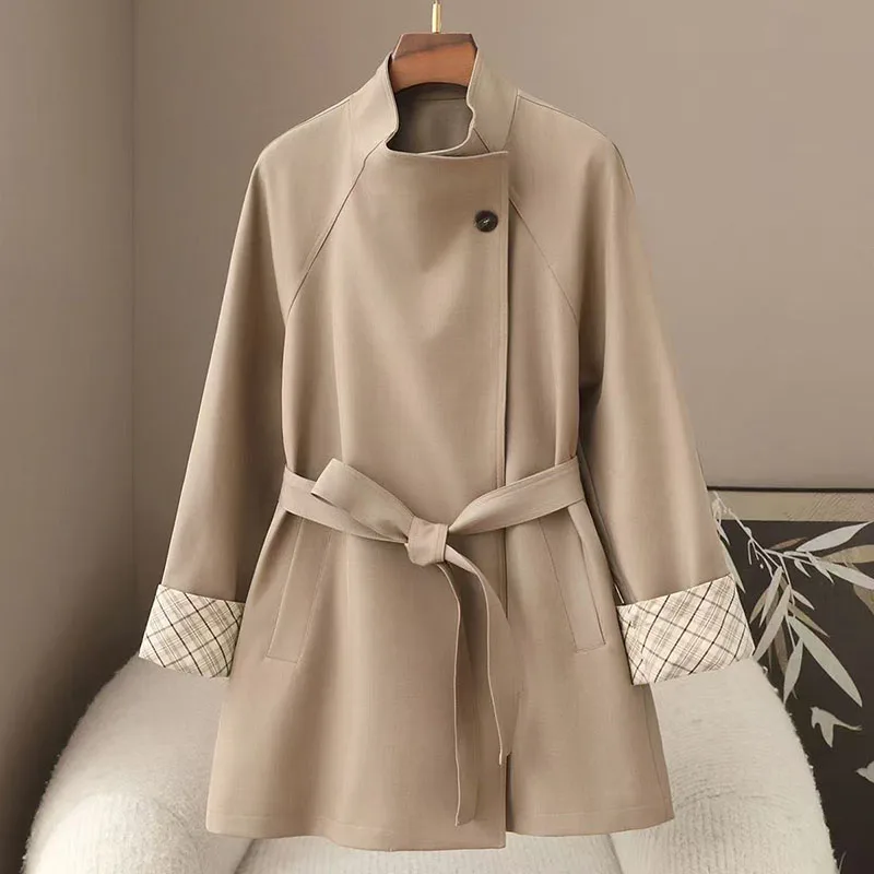 

2026New Women Stand Collar Trench Coat With Belt Plaid Cuffs Windproof Outerwear Spring Autumn Lightweight Casual Fashion Jacket