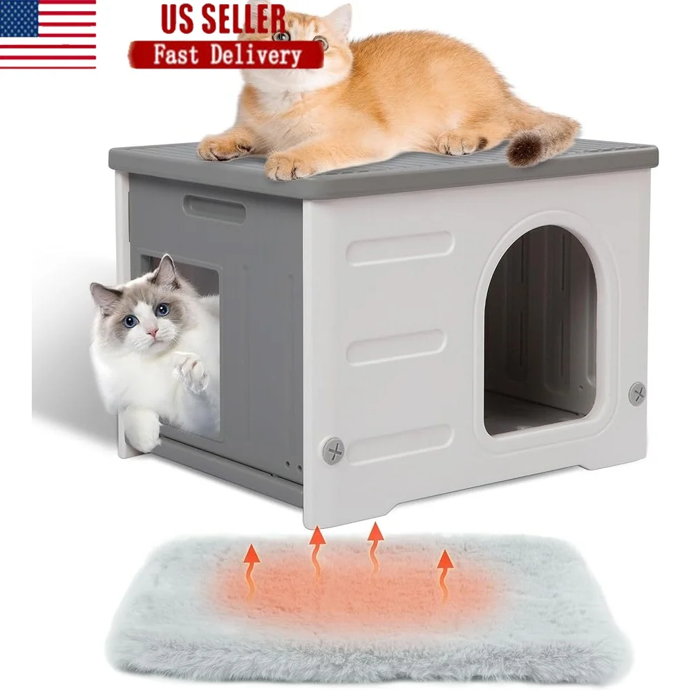 

Outdoor Waterproof Plastic Cat House with Escape Door Sturdy Double-Layer Structure Easy Clean Stackable Design Indoor Outdoor