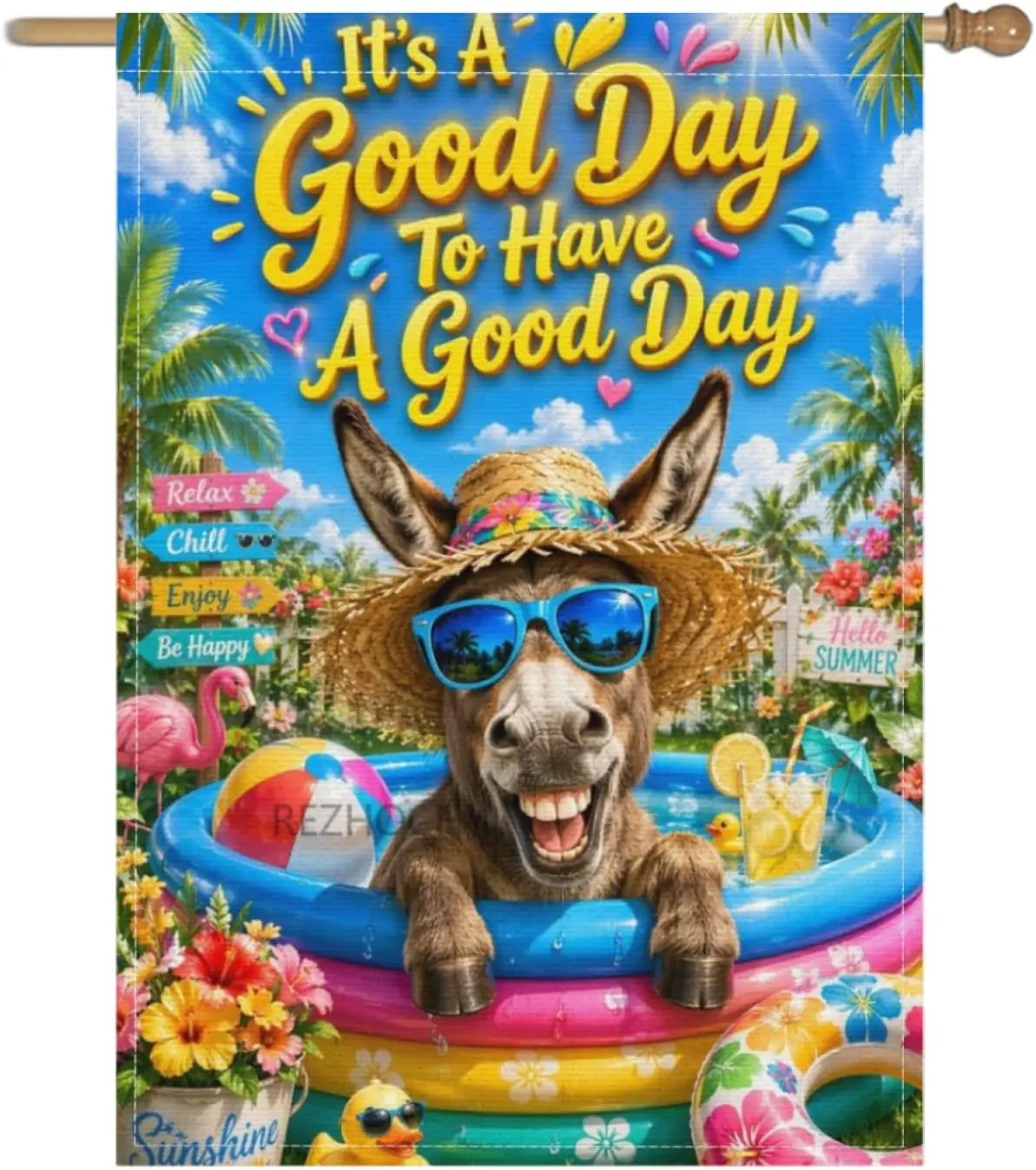 Summer Welcome Garden Flag 28x40Inch,Fun Donkey Pool Decor,Cute Animal Tropical Yard Outdoor Colorful Beach Ball Lemon Drink yyi