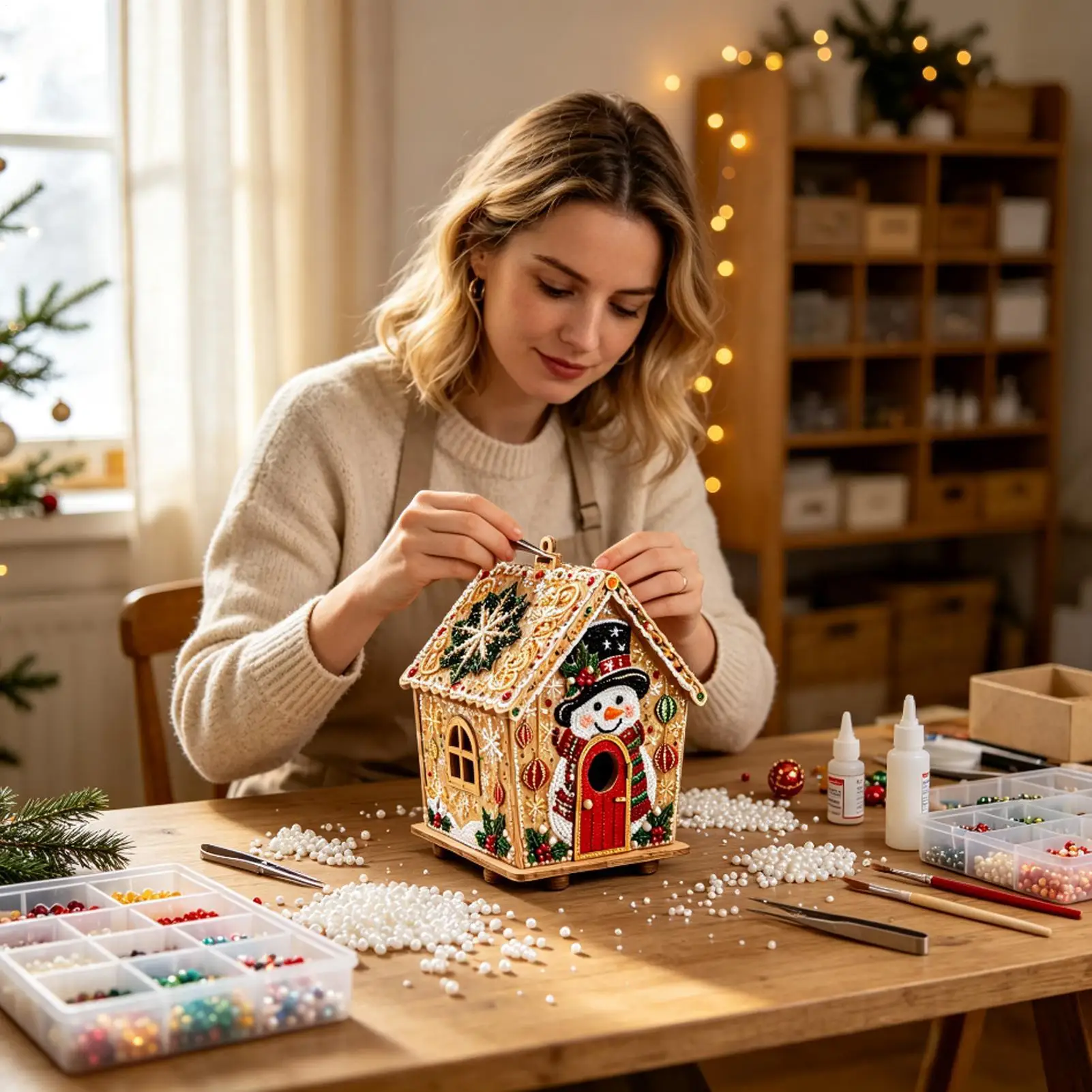 3D Christmas House Pearl Art Kit Seasonal Table Decoration Wooden House Rhinestone Art Set For Women Men Adults Professionals