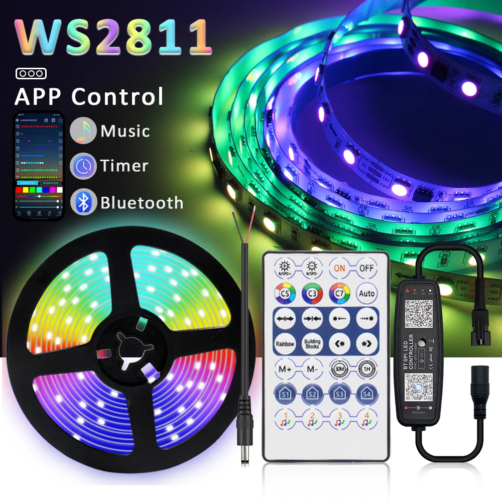 

Светодиодная лента 24В WS2811 RGBIC 5050 Dream Color RGB с Bluetooth, пультом на 28 кнопок и управлением через приложение, гибкая лента-лампа
