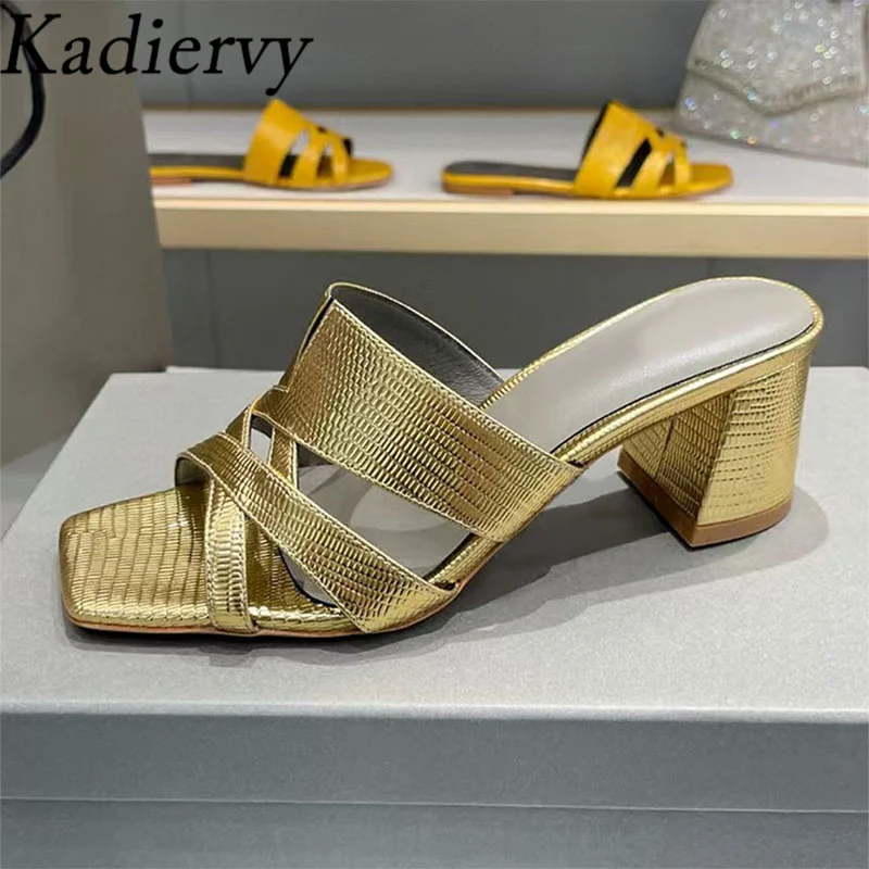 New High Heels Slippers Woman Square Peep Toe Mules Shoes Women High Heels Sandals Summer Slides Women