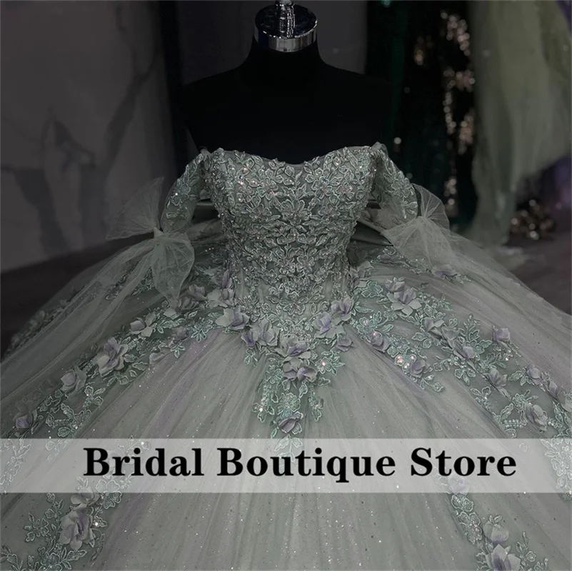 Vestido de baile de princesa para quinceañera, vestidos con lazo y cuentas, apliques de flores de encaje, brillo dulce 16, vestidos de fiesta de graduación, recién llegado