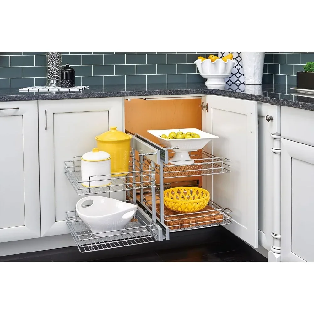 

Dual Tier Pullout Shelf Storage Organizer for Blind Corner Kitchen or Bathroom Cabinets,15", 4 Shelves, Silver