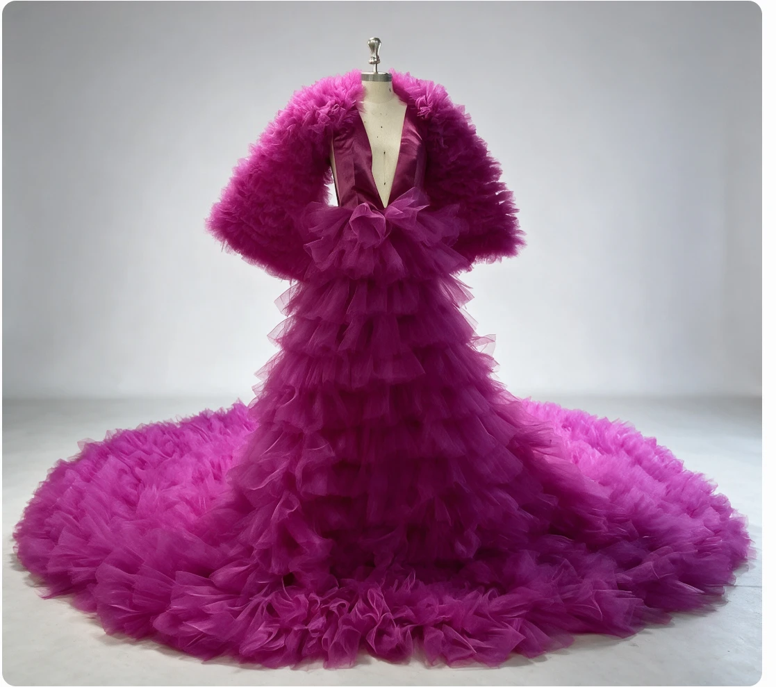 Chic Tulle Dresses For Women Puffy Sleeves Long Train Women Special Occasion Dress For Photo Shoots Custom Made Gorgeous Gowns
