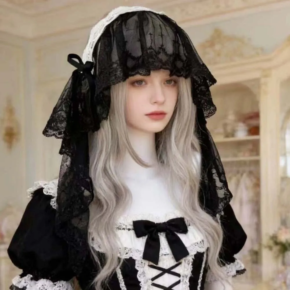 

Головной убор в стиле Y2K Лолита: черно-белая готическая повязка для волос с кружевным бантом, японский стиль, полиэстер, для девочек, для вечеринок
