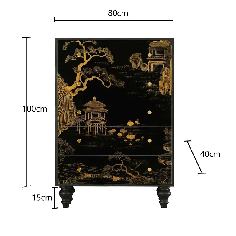 TAOFrench Chinese style bucket chest of drawers black gold ancient architecture living room sofa side drawer storage storage