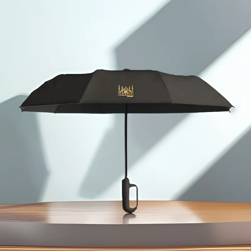 1pc Stylish Black Automatic Umbrella City Logo in Gold, One-Touch Open/Close Mechanism, Ergonomic Handle, Compact  & Portable