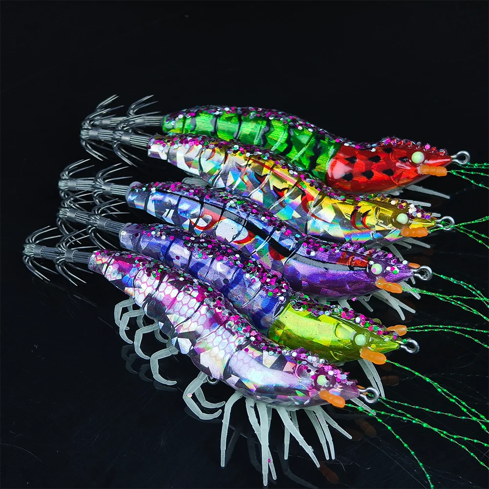 5Pieces Egi Set Squid Bait Wooden Shrimp Set Jukkumi Egi Watermelon Laser Rattle Flying Squid Jig Horizontal Jig Horizontal Egi image 3