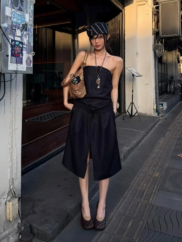 

Laoqian Vacation Style Denim Tube Top Backless Women's Wrap Split Skirt Two Piece Set Summer Fashion Hanfu Ensemble