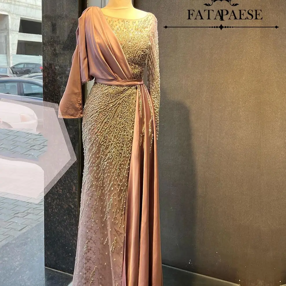 FATAPAESE Customized Evening Dress Full Sleeve  Full Beaded Stones Maxi Skirt Special Occasion Satin Gown Floor-length Skirt