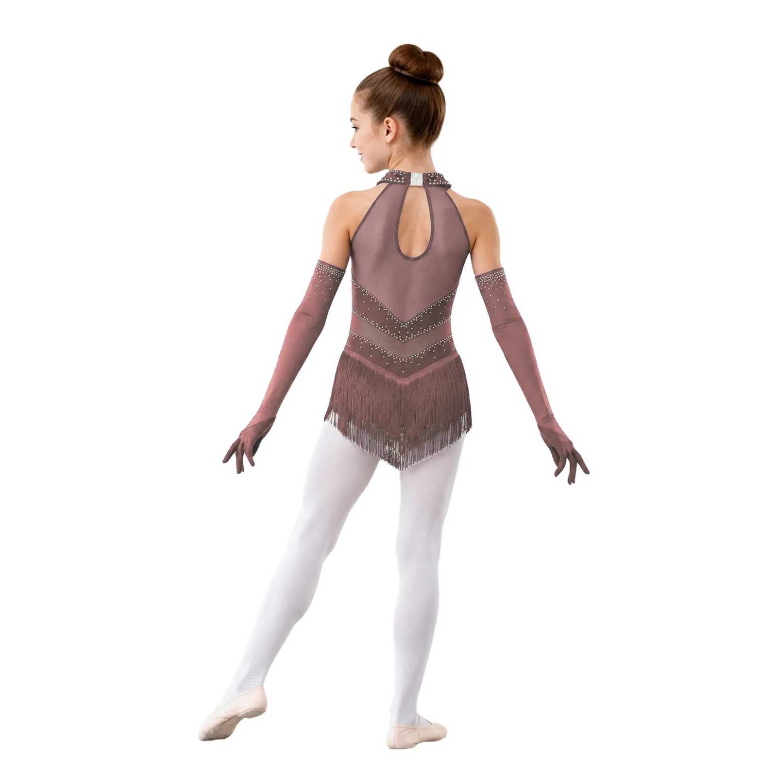 Kids Girls Latin Dance Figure Skating Costume Sleeveless Mesh Tassels Rhinestone Tango Salsa Samba Ballroom Leotards with Gloves