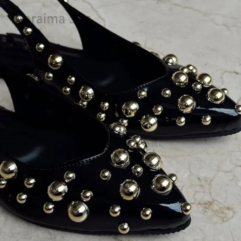 Women's Metallic Beads Pointy Slingback Flats Gold Silver Metal Decor Ballerinas Comfortable Slip-On Elastic Band Casual Shoes