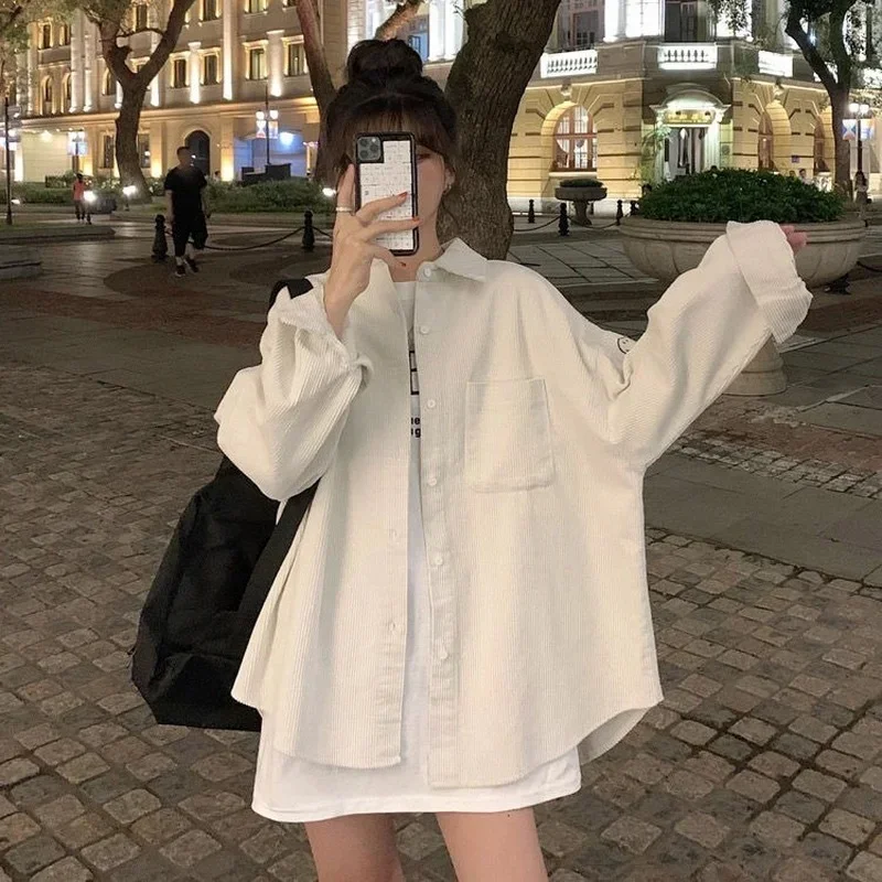 

Korean Loose Long Sleeve Blouses Oversized Autumn Spring Harajuku Corduroy Shirts Women New Button Up Shirt Jacket Female