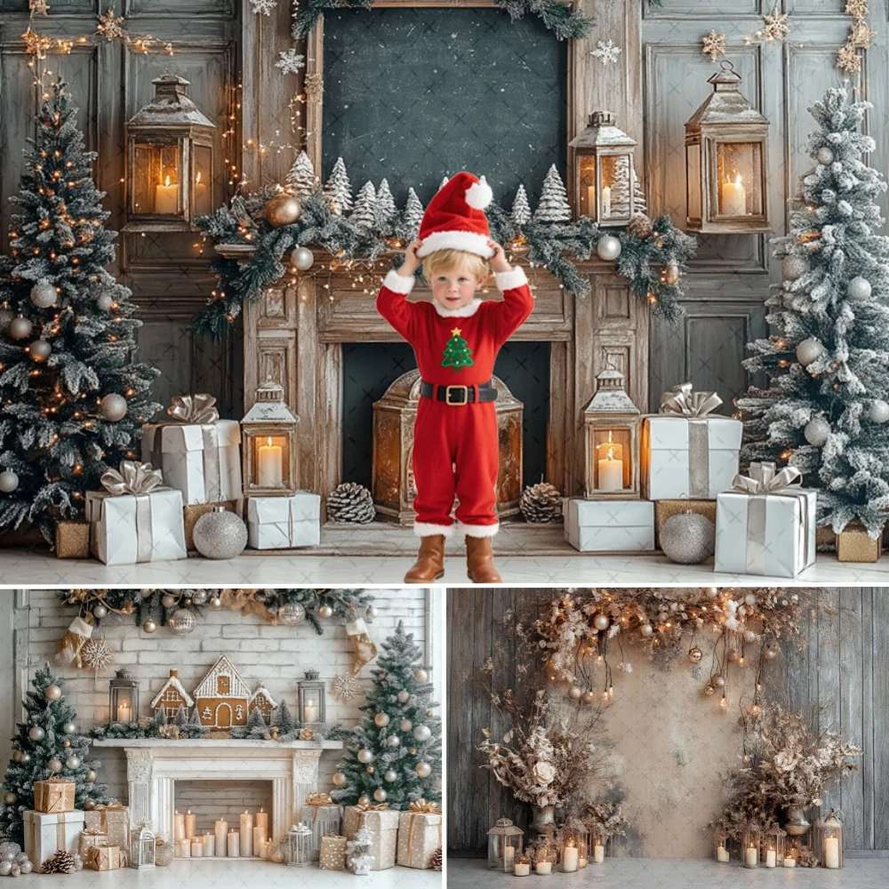 

Merry Christmas Photography Backdrop Fireplace Xmas Tree Gift Red Wall Family Party Decor Portrait Photo Background Photo Studi
