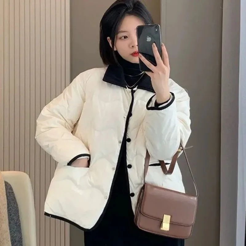 

Корейское женское модное лоскутное пуховое хлопковое пальто, зимние женские повседневные парки, верхняя одежда, 2025 г., женская хлопковая стеганая куртка с длинными рукавами