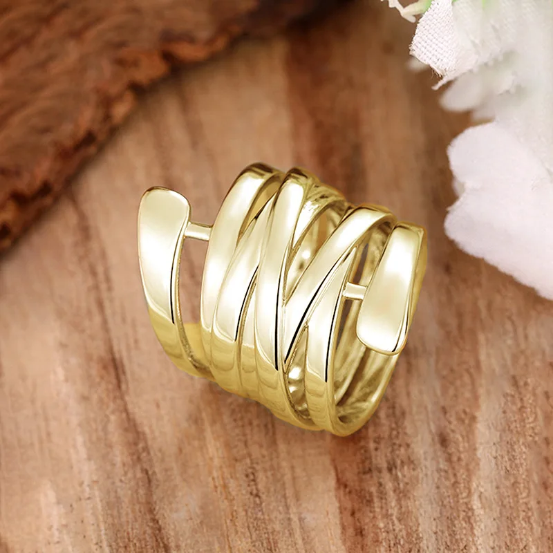 2024 New Korean Style Creative Copper Ring Women's Exaggerated Fashion Smooth Multi Layer Wrapped  Geometric Lines