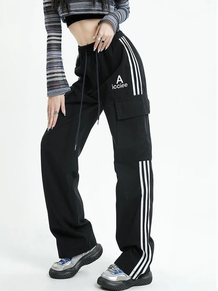 

Zoki Streetwear American Striped Cargo Pants Women Harajuku Letter Embroidery Casual Trousers Fashion High Waist Wide Leg Pants