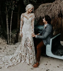 Boho Lace Mermaid Wedding Dresses With Long Sleeves Open Back Beach Bridal Gown Champagne Ivory Country Vestido Customized