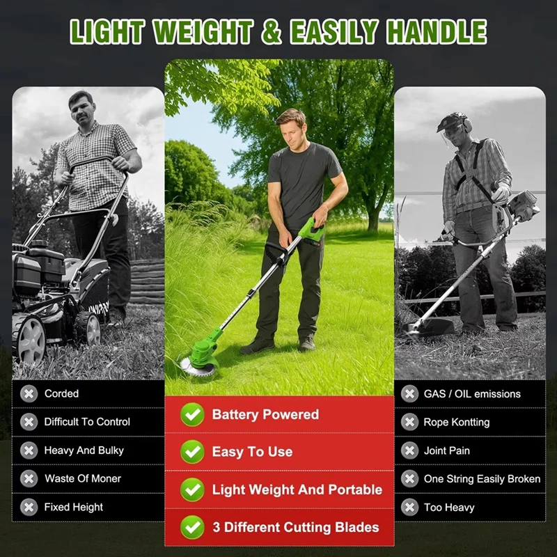 A95I Brushless Cordless Electric Weed Lawn Mower 2-in-1, 18000 RPM Grass String Trimmer Edger, 24V Battery Powered, for Garden