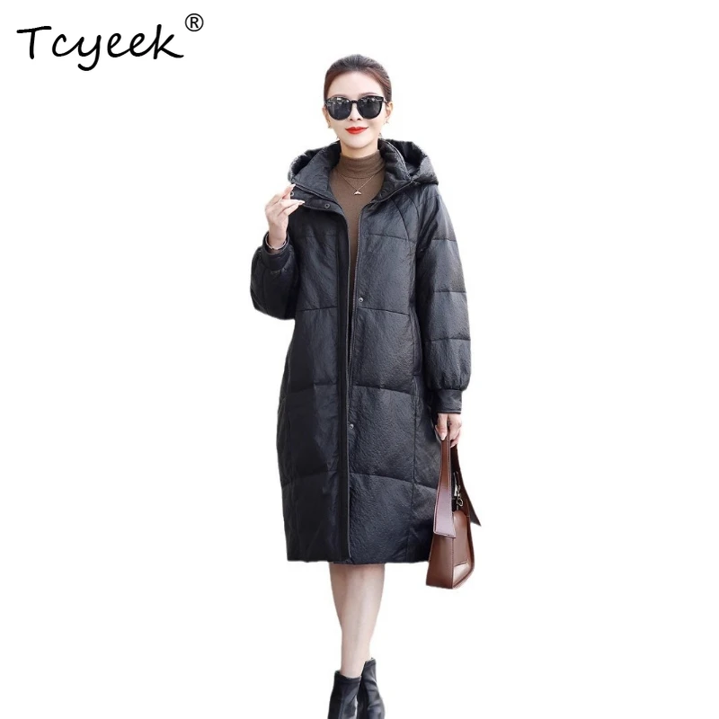 Tcyeek 리얼 탑 레이어 양가죽 화이트 덕 다운 가을 겨울 후드 미드 길이 여성용 천연 가죽 재킷 자케타 쿠로
