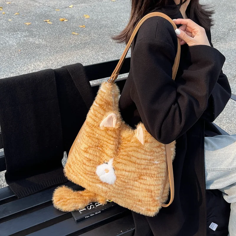 Women Bag Cat Furry Orange Cat High-Capacity Shoulder Bag Pures and Bags Crossbody Girls Bag Small Fresh