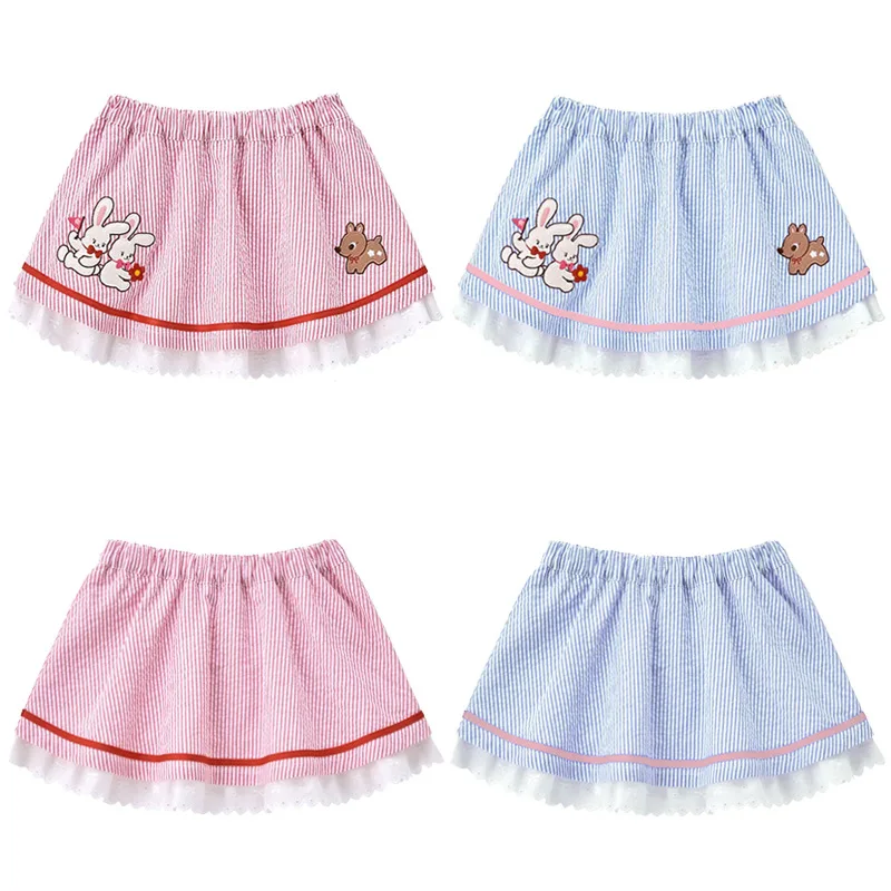 

Полосатая короткая юбка, новый летний стиль для девочек с милой мультяшной вышивкой, плиссированной юбкой с маленьким кроликом