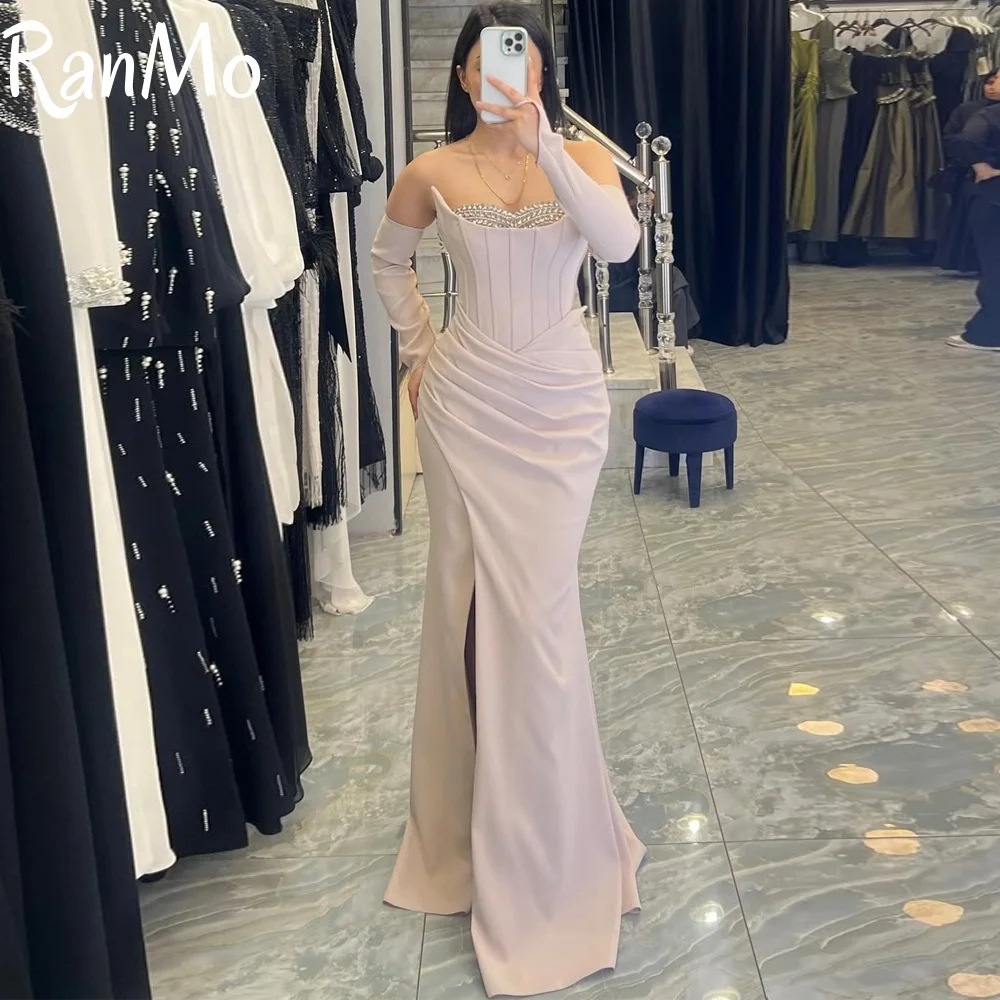 

Ranmo Formal Beaded Mermaid Long Sleeve Evening Dresses Boat Neck Floor Length Party Dress 2025 Pleat Prom Gown Customized 2025